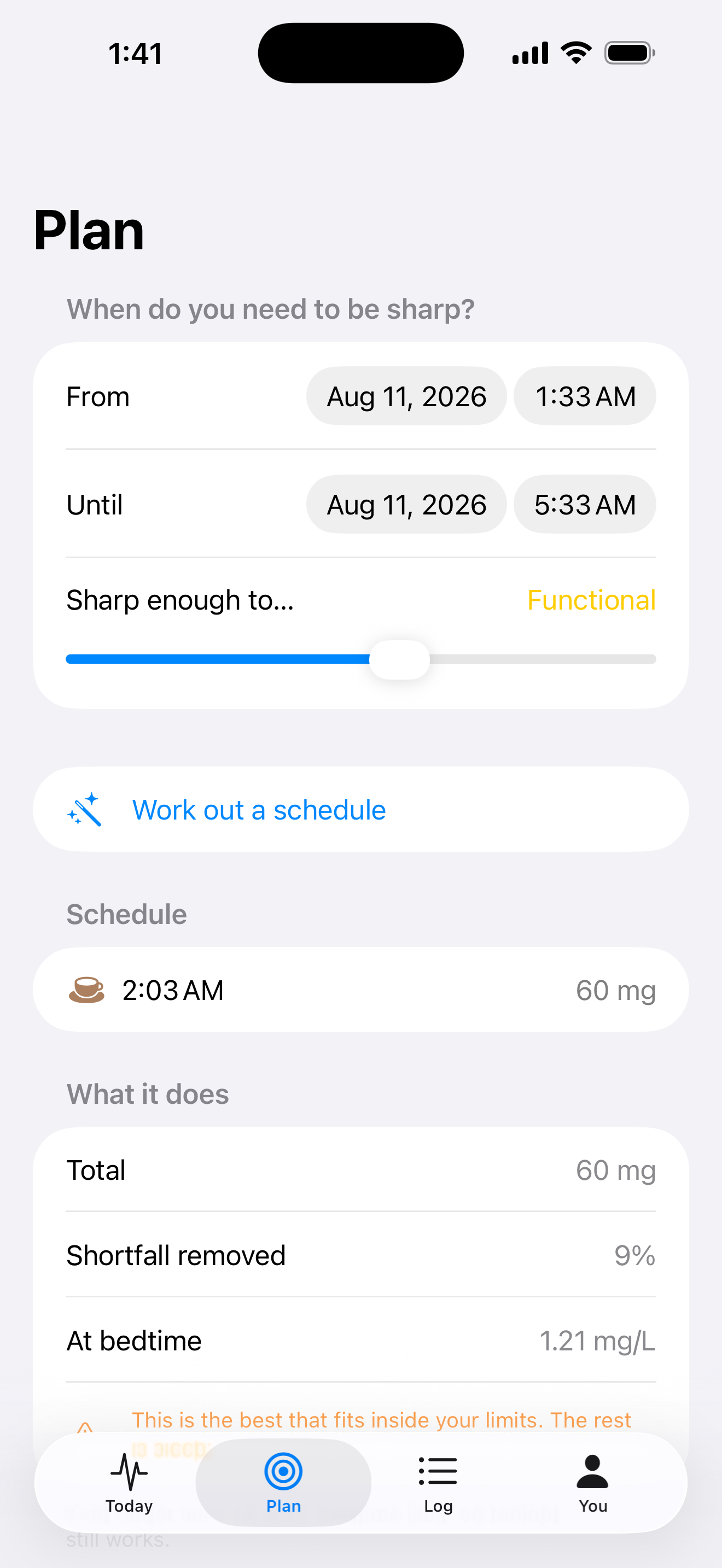 The Plan screen, showing a recommended 60 mg dose and the predicted caffeine level at bedtime